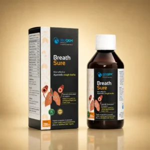 Breath Sure Ayurvedic Cough Kadha bottle and carton by Bioqem Pharma – ayurvedic cough syrup