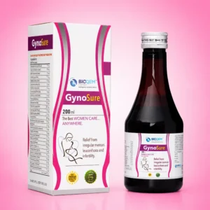 GynoSure Syrup bottle and box by Bioqem Pharma, Ayurvedic syrup for women