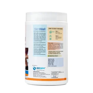 SlimWell Protein Powder tub back label with directions and disclaimer – weight management shake