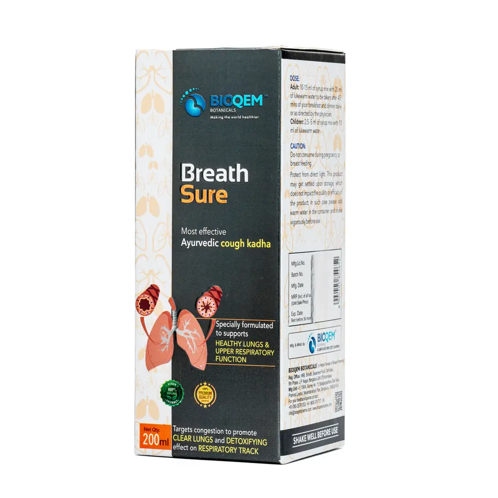 Breath Sure Ayurvedic Cough Kadha carton front view | Bioqem Pharma Breath Sure Ayurvedic Cough Kadha carton front view – ayurvedic cough syrup