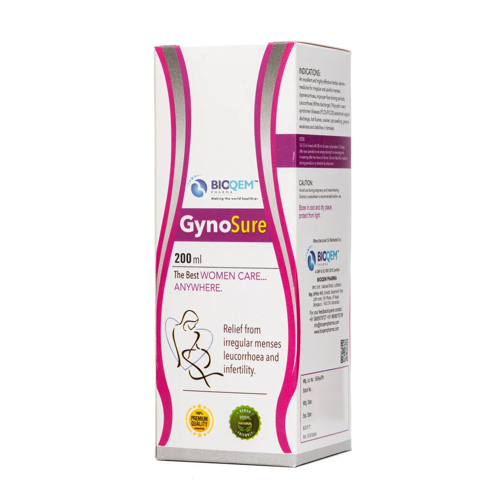 GynoSure Syrup box front view | Bioqem Pharma GynoSure Syrup box front view – ashoka and shatavari syrup