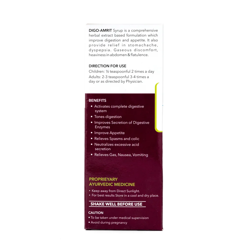 Digo Amrit Syrup carton back panel | Bioqem Pharma Digo Amrit Syrup carton back panel with directions – ayurvedic digestive syrup