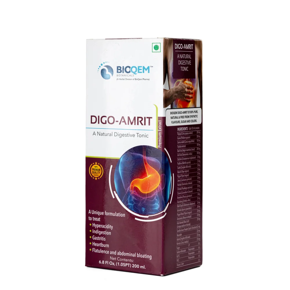 Digo Amrit Syrup carton front view | Bioqem Pharma Digo Amrit Syrup carton front view – herbal digestive tonic