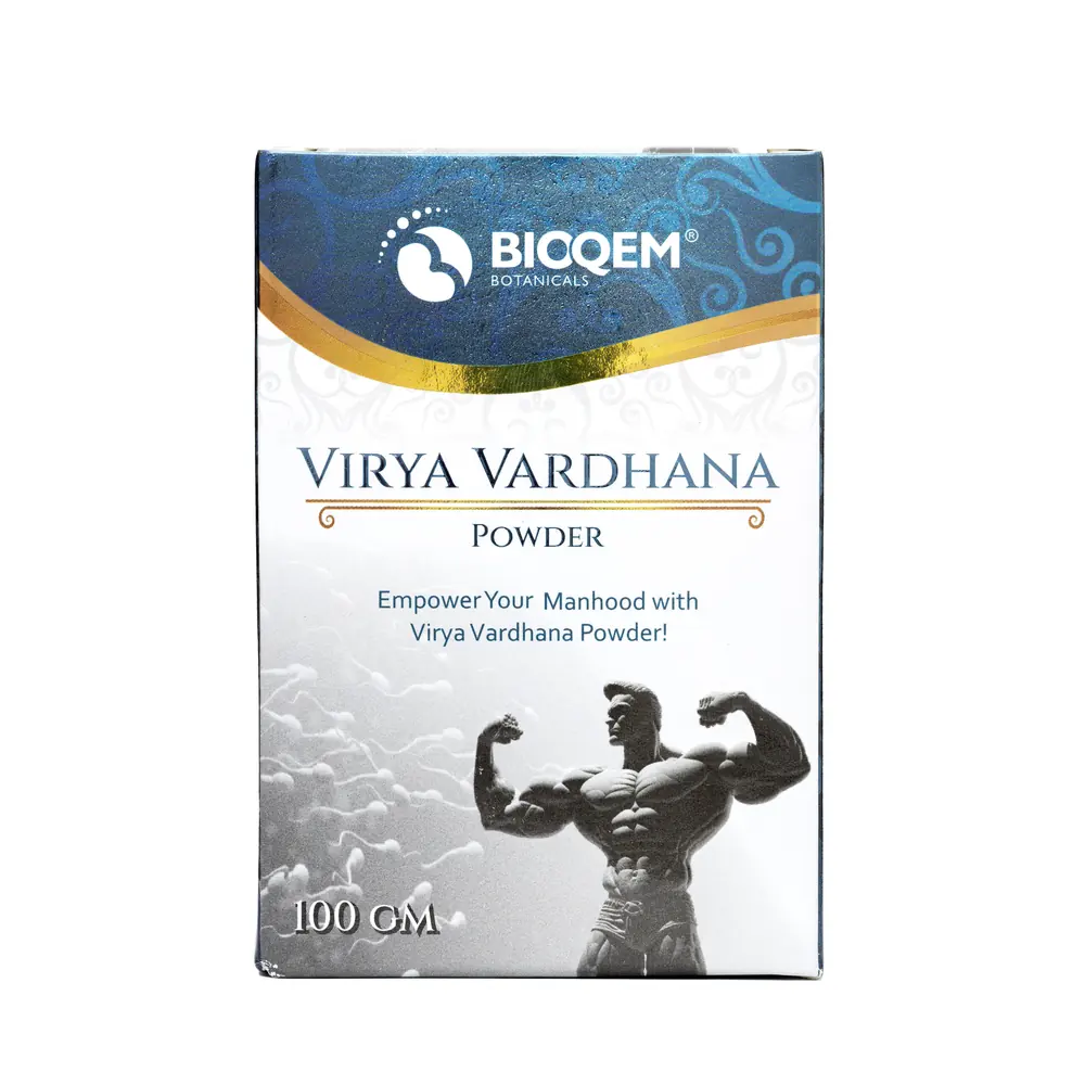 Virya Vardhana Powder box front view | Bioqem Pharma Virya Vardhana Powder box front view – ayurvedic powder for men