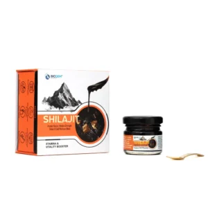 Shilajit Gold Resin jar and box with spoon, by Bioqem Pharma