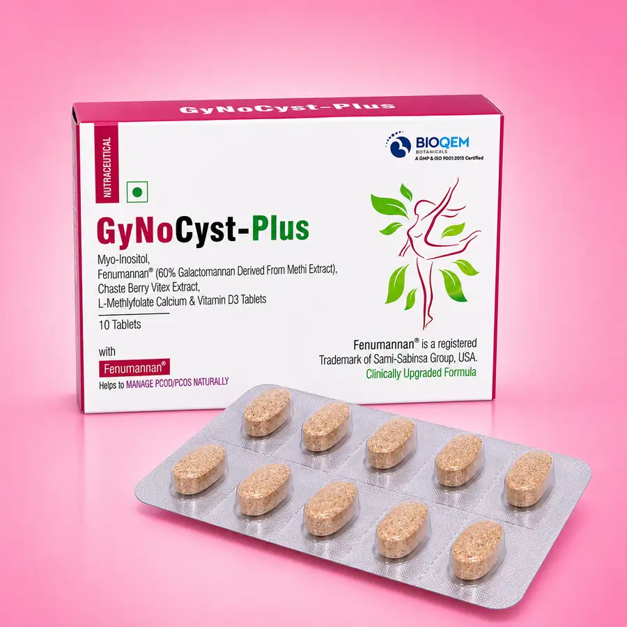 Gynocyst Plus Tablet box with tablets, myo-inositol supplement for women by Bioqem