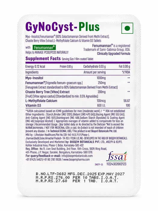 Gynocyst Plus Tablet supplement facts panel | Bioqem Pharma Gynocyst Plus Tablet supplement facts panel with ingredients – inositol supplement for women