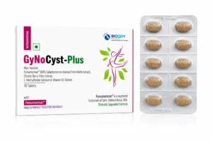 Gynocyst Plus Tablet box and 10-tablet blister strip by Bioqem