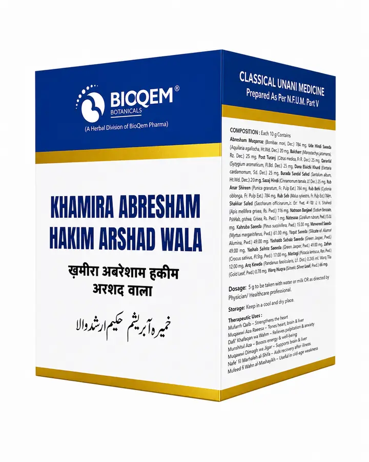 Khamira Abresham Hakim Arshad Wala carton front view | Bioqem Pharma Khamira Abresham Hakim Arshad Wala carton front view – unani heart tonic