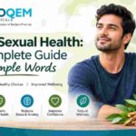 Smiling Indian man with Ayurvedic herbs like ashwagandha root, banner for Bioqem's guide to men's sexual health
