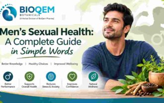 Smiling Indian man with Ayurvedic herbs like ashwagandha root, banner for Bioqem's guide to men's sexual health