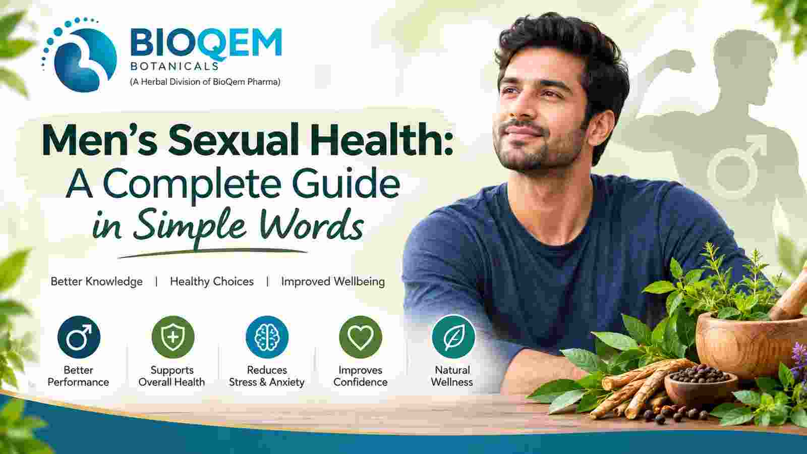 Smiling Indian man with Ayurvedic herbs like ashwagandha root, banner for Bioqem's guide to men's sexual health
